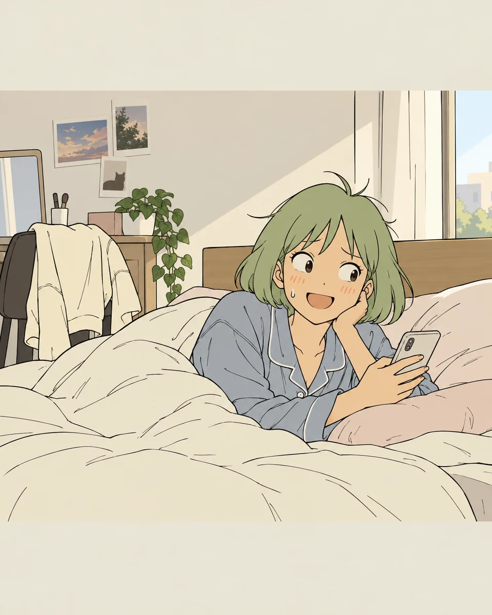 ミントはまだパジャマ姿で、ベッドにうつぶせになってスマホで返信している。椅子にはクリーム色のトレーナーがかかっている。