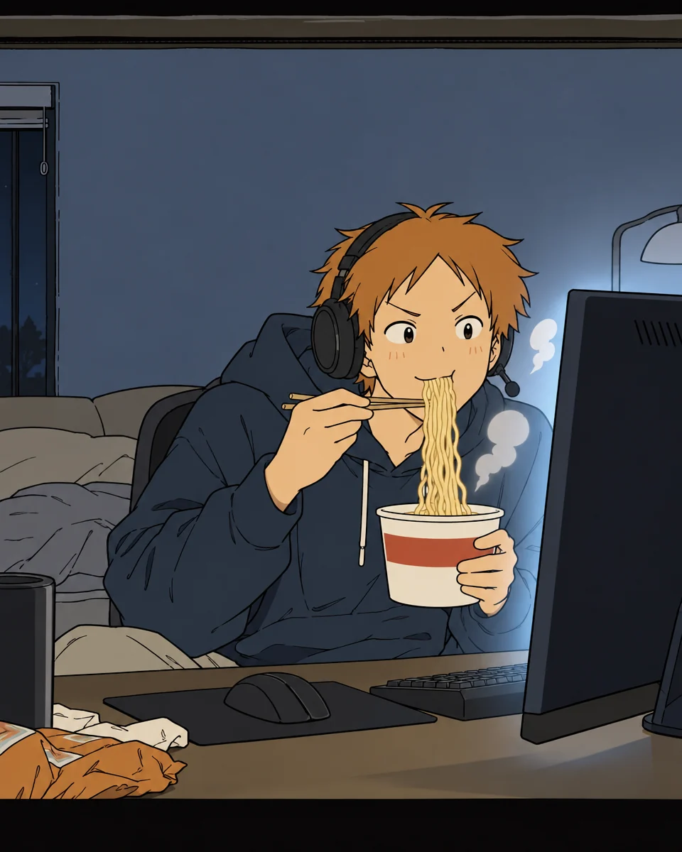 モニターの前で、オレンジがラーメンを大きな音ですすりながら得意げに笑っている。
