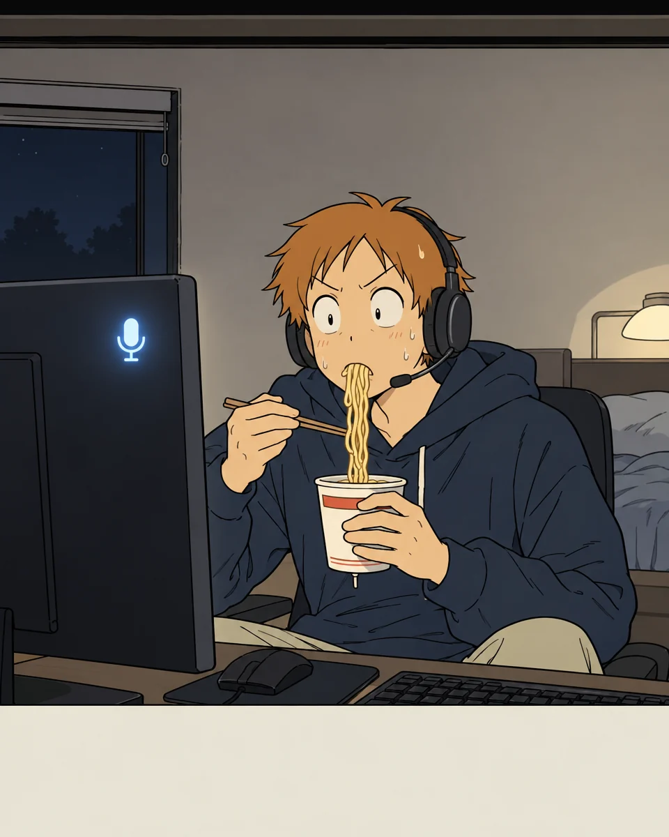 オレンジは麺を口にくわえたまま固まっている。モニターの隅では、マイクのオン表示が光っている。