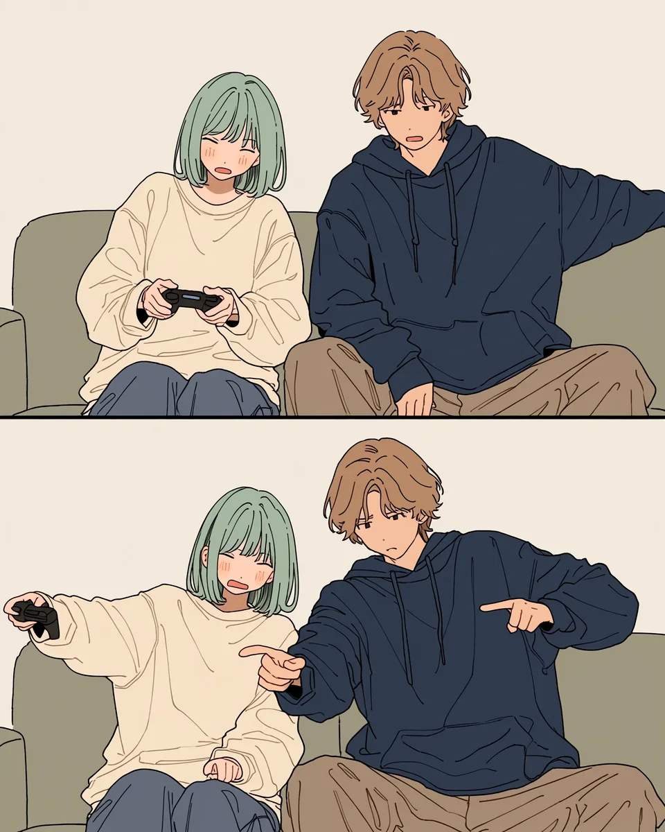 負けて疲れたミントがコントローラーを置こうとすると、オレンジが画面を指さして食い下がる。