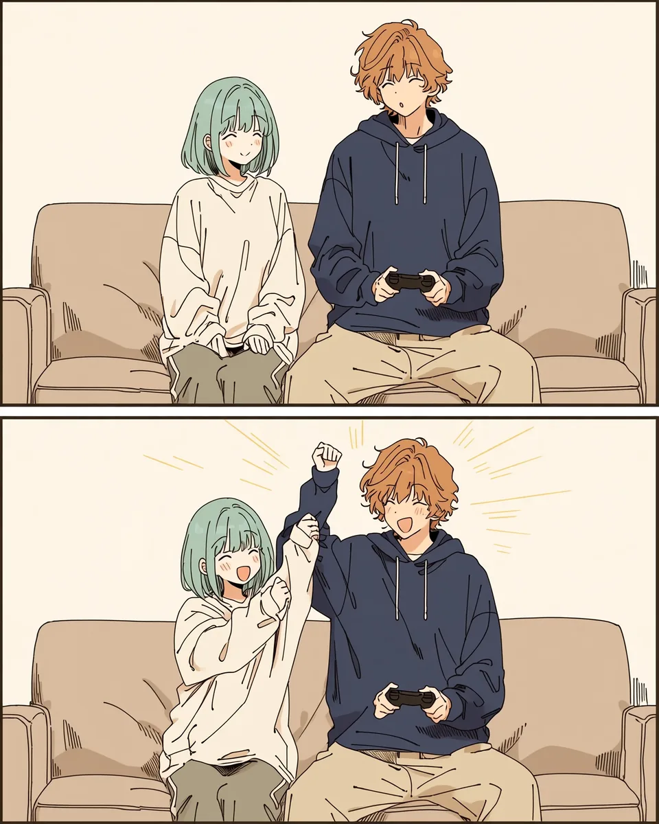 今度は勝った。オレンジがこぶしを突き上げ、ミントがうれしそうにその袖をつかむ。