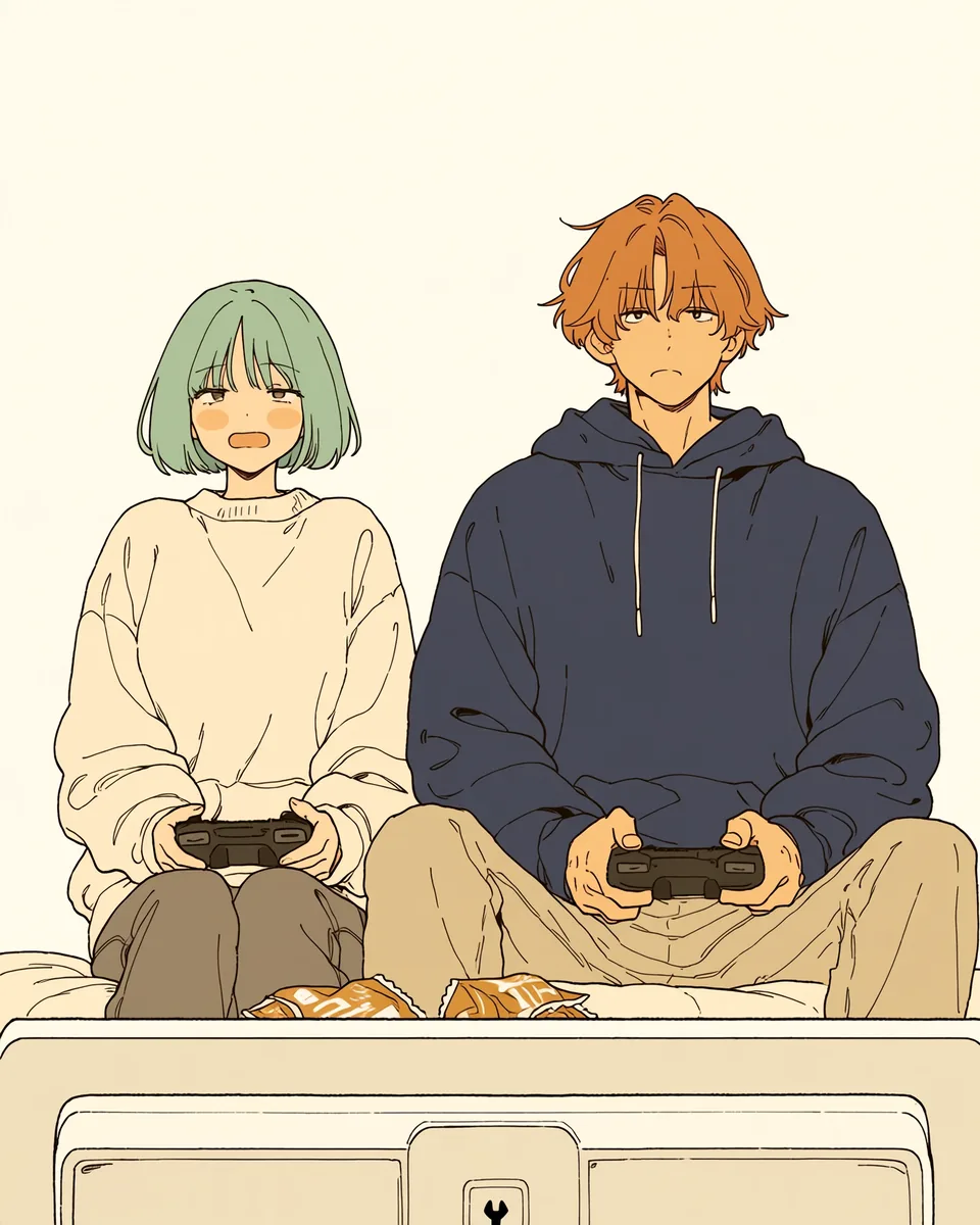 朝日が差し込む部屋。空になったお菓子の袋の横で、二人がぼうぜんと固まっている。画面にはスパナのメンテナンス表示だけ。