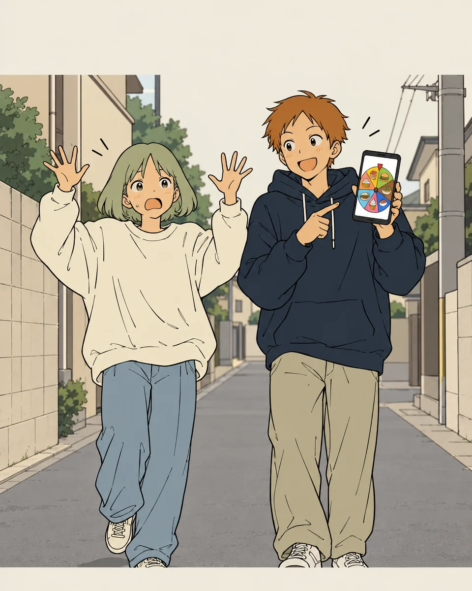ミントが両手を上げてお手上げのポーズ。オレンジは食べ物の絵が並ぶルーレット画面をうれしそうに見せる。